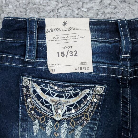 Stella in Dreams Mid Rise Boot Jeans Bootcut Sequin Bull Oxen Size 15 32 Blue - Picture 4 of 11